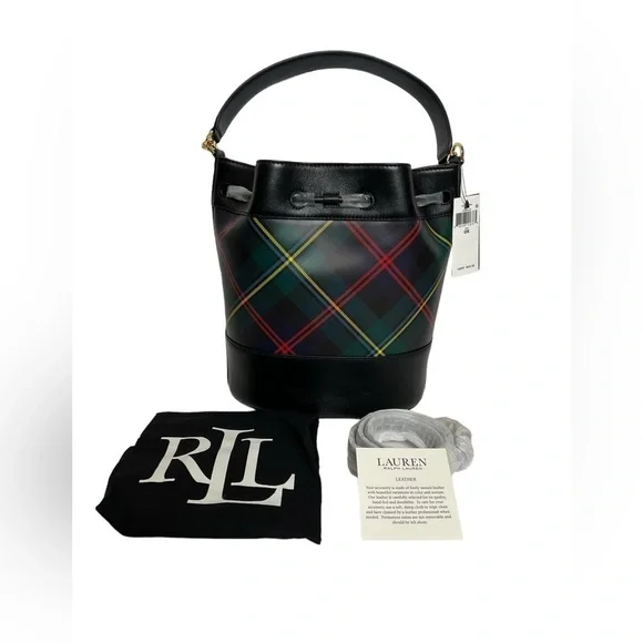 Ralph Lauren Andie Bucket Drawstring Plaid Leather Crossbody Bag